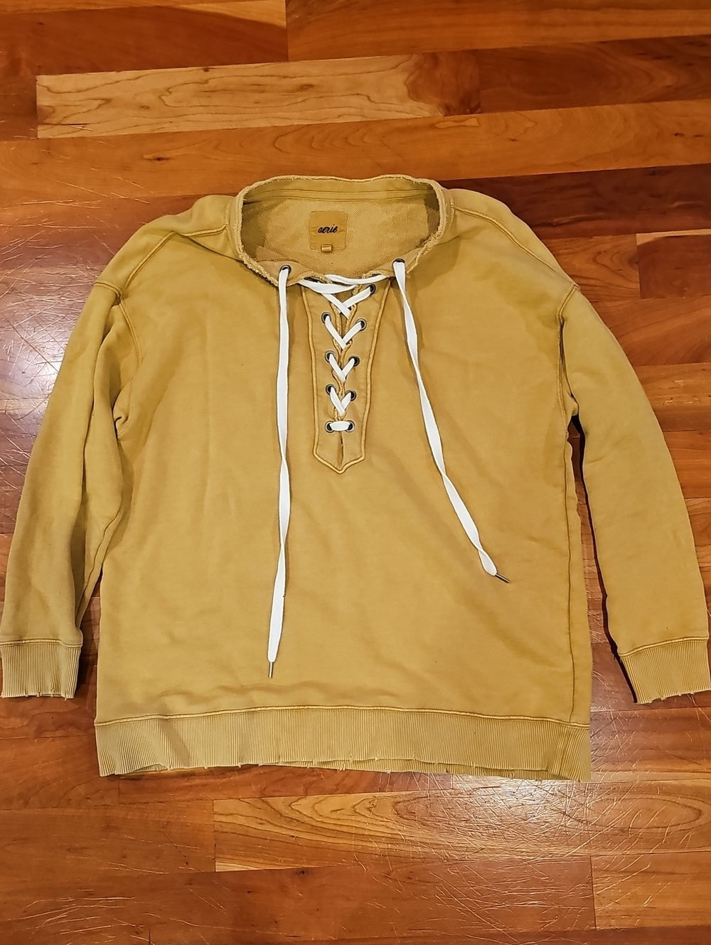 aerie Lace-Up Crewneck Sweater in Mustard Yellow